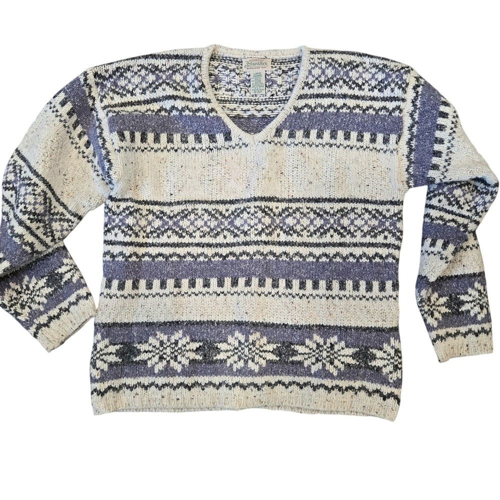 St Johns Bay Vintage Fair Isle Snowflake Sweater Purple Oatmeal V-Neck Mens L